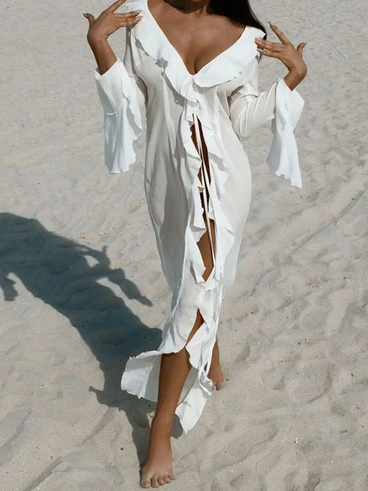 Ruffled Long Sleeve Cover-Up Dress - Plume & Peak