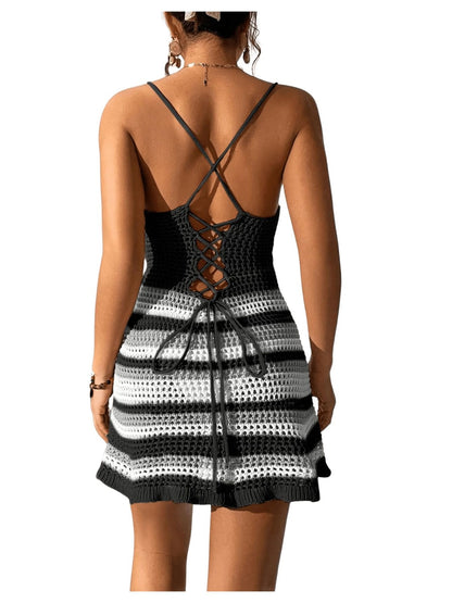 Seaside Stripes Cutout Cover-Up – Spaghetti Strap Crochet Dress - Plume & Peak