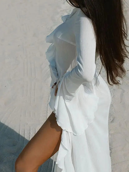 Ruffled Long Sleeve Cover-Up Dress - Plume & Peak