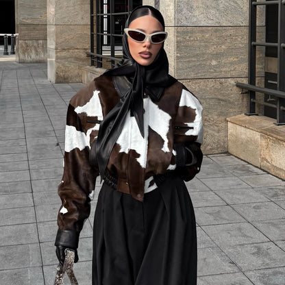 Chic Cow Print Streetwear Jacket Trendy  Versatile