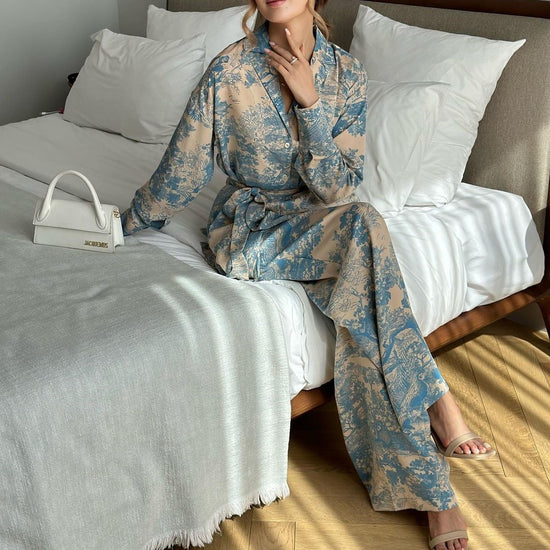 2025 Chic French Print Tie Blouse and HighWaist WideLeg Pants Set