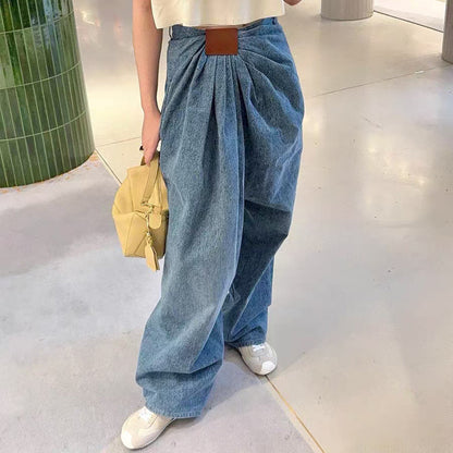 Chic Wrinkled Patchwork Blue Denim Jeans for Fall Autumn 2025