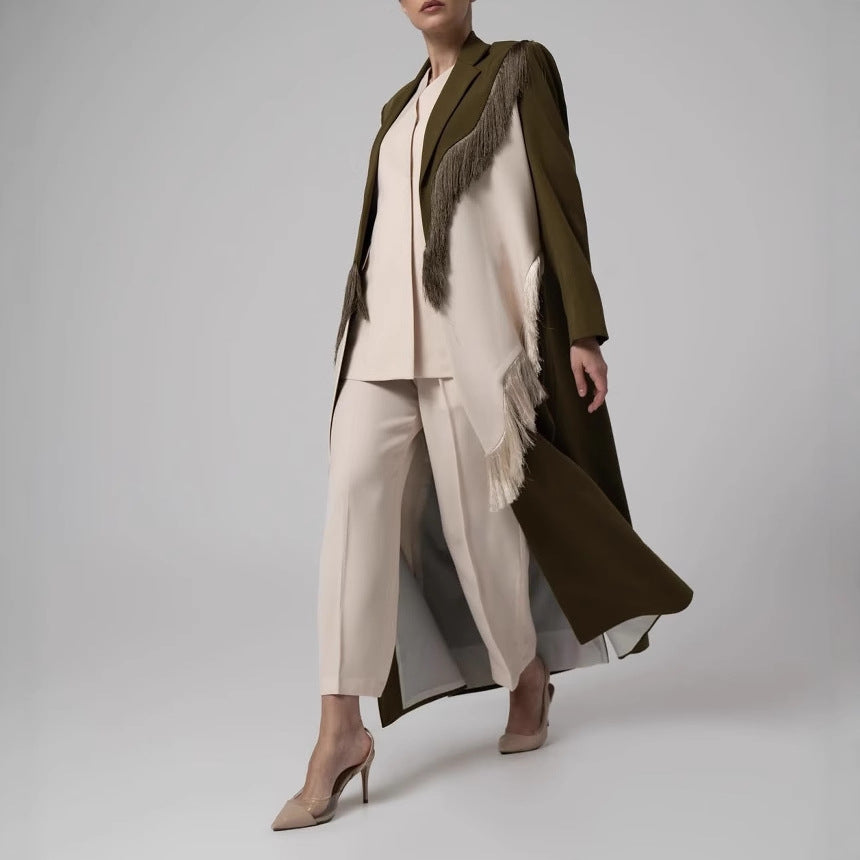 Womens Fringe Trim Longline Blazer Coat  Autumn Winter Maxi Overcoat Vintage Korean Style