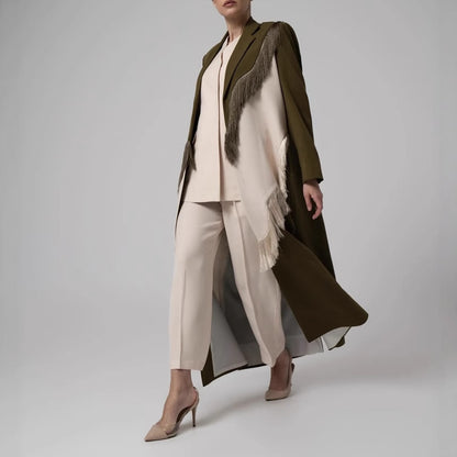 Womens Fringe Trim Longline Blazer Coat  Autumn Winter Maxi Overcoat Vintage Korean Style