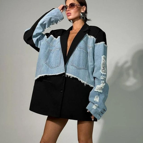 Chic 2025 Summer Patchwork Denim Blazer Womens Jacket