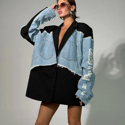 Chic 2025 Summer Patchwork Denim Blazer Womens Jacket