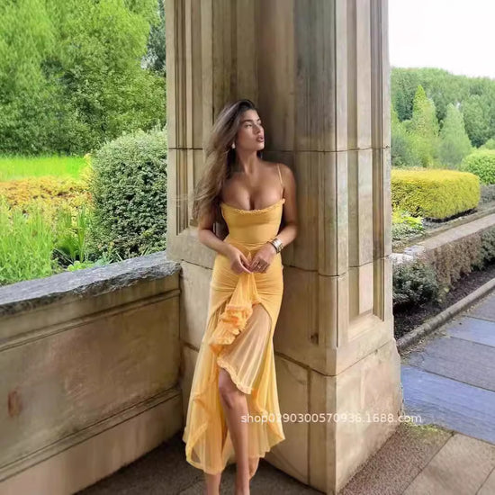 Autumn Chic Yellow Lace Trim Maxi Dress Wholesale